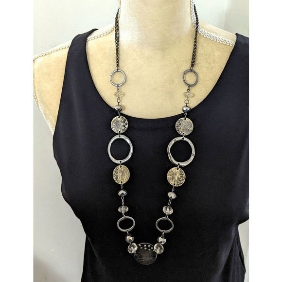 Bronzed 32" circles hoops sparkly beads necklace - Picture 1 of 3